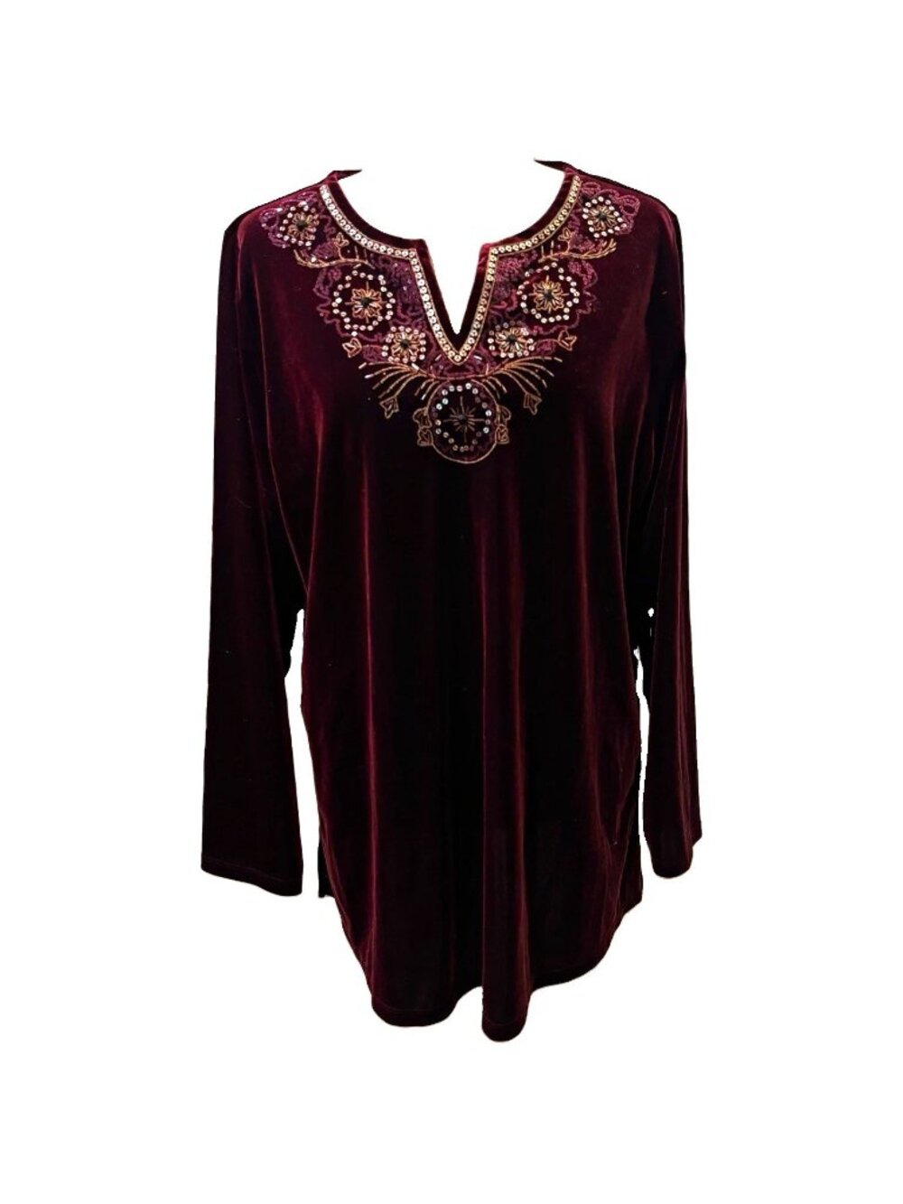 Susan Graver Embellished Velvet Tunic Blouse VNeck Long Sleeve XL Burgundy